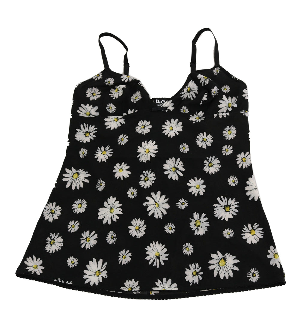 Robe lingerie Dolce & Gabbana noire à imprimé marguerite, chemisole élégant avec détails floraux.