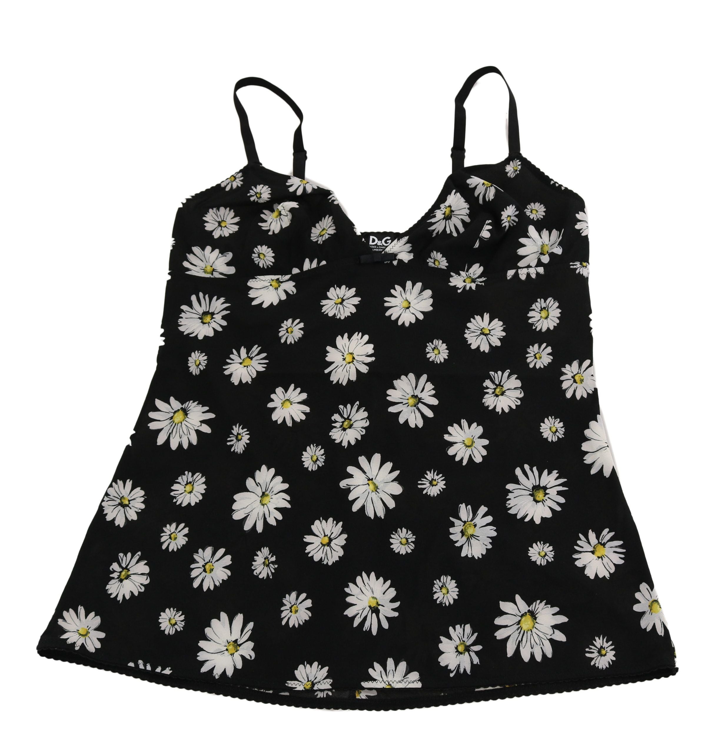 Robe lingerie Dolce & Gabbana noire à imprimé marguerite, chemisole élégant avec détails floraux.