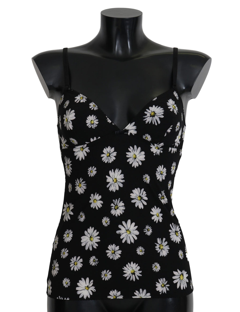 Robe de lingerie Dolce & Gabbana à imprimé marguerite noire, chemisole élégant avec détails féminins.