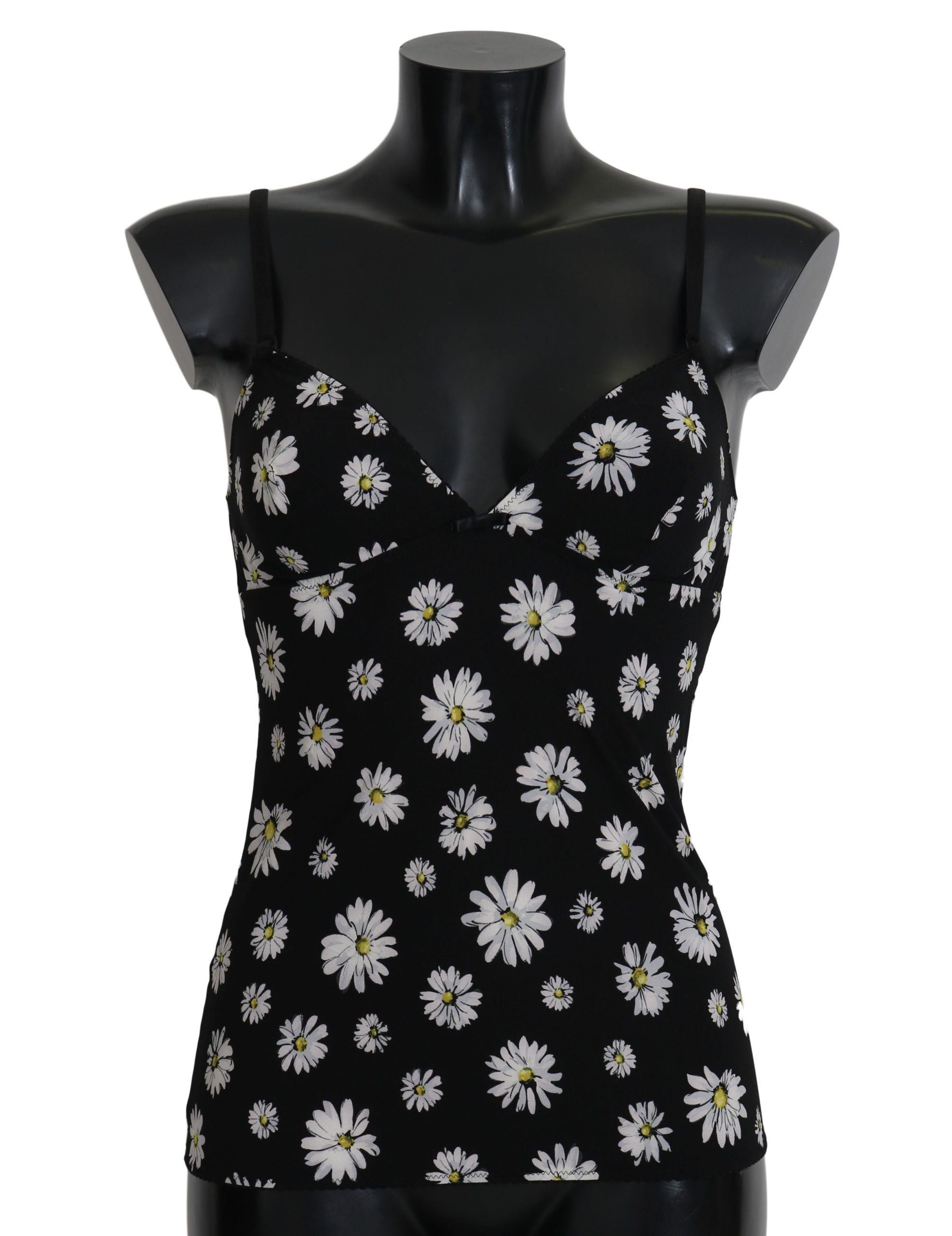 Robe de lingerie Dolce & Gabbana à imprimé marguerite noire, chemisole élégant avec détails féminins.