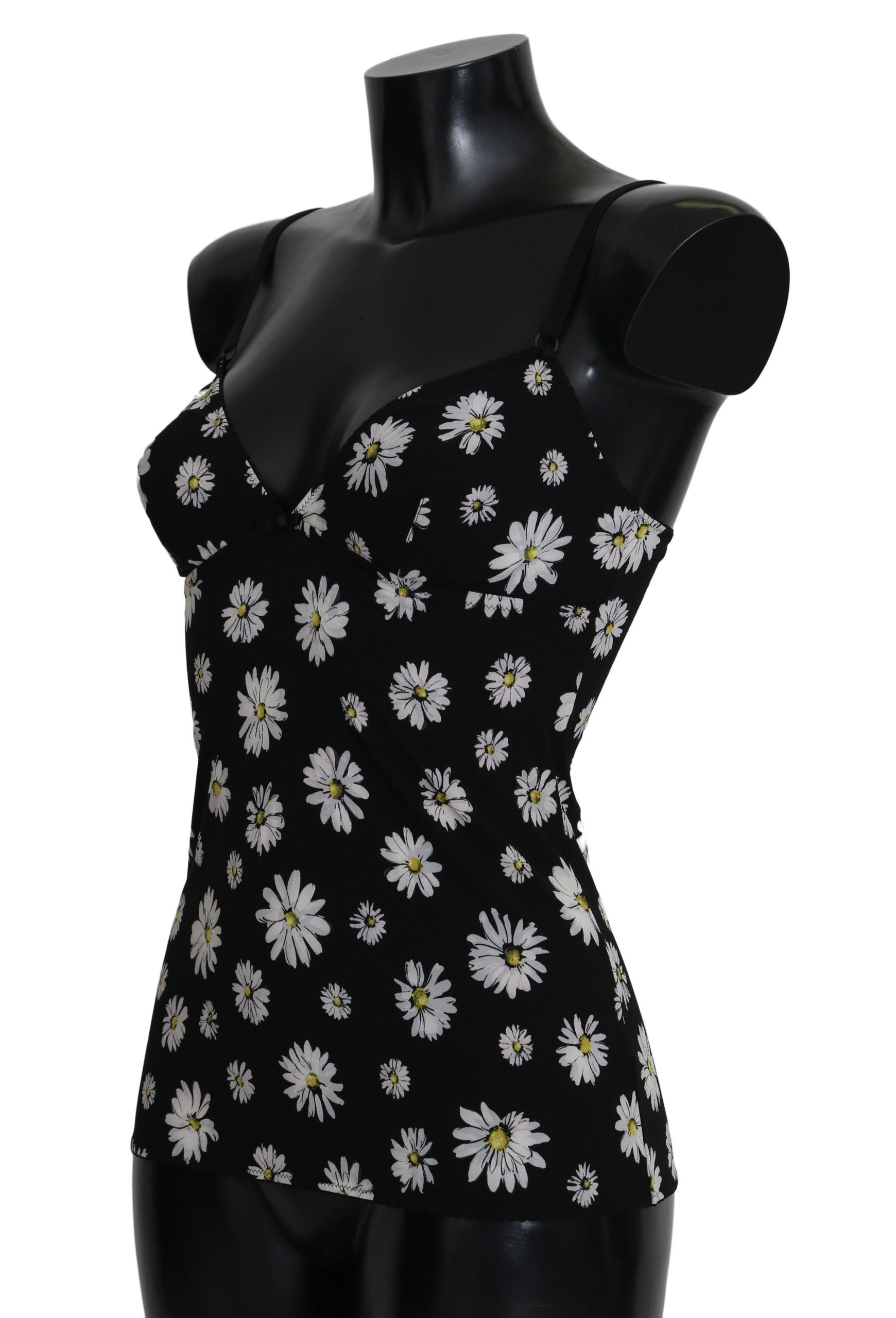 Robe de lingerie Dolce & Gabbana noire avec motif marguerite, chemisole élégant et féminin.