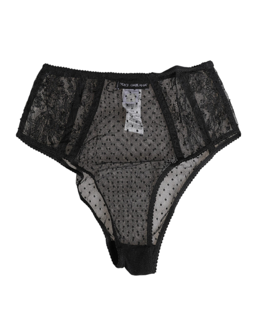 Sous-vêtements noirs en dentelle à pois Dolce & Gabbana, culotte haute en maille transparente élégante.