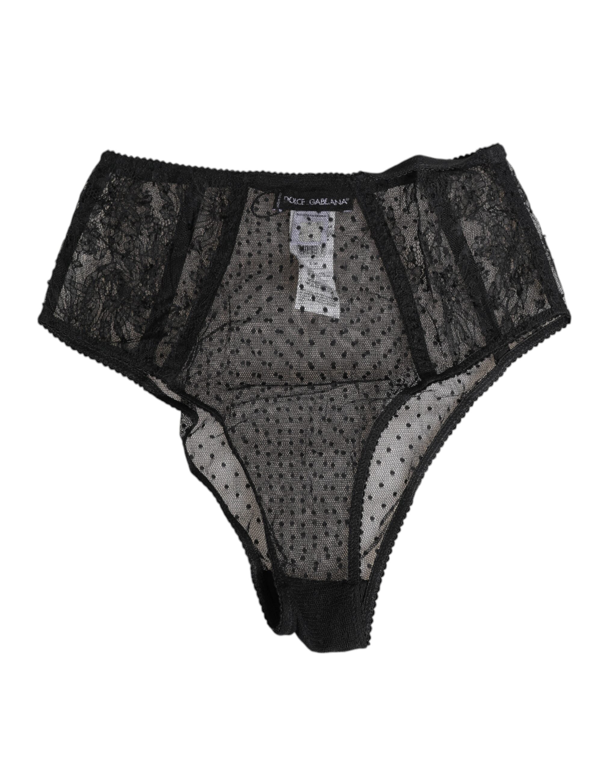 Sous-vêtements noirs en dentelle à pois Dolce & Gabbana, culotte haute en maille transparente élégante.