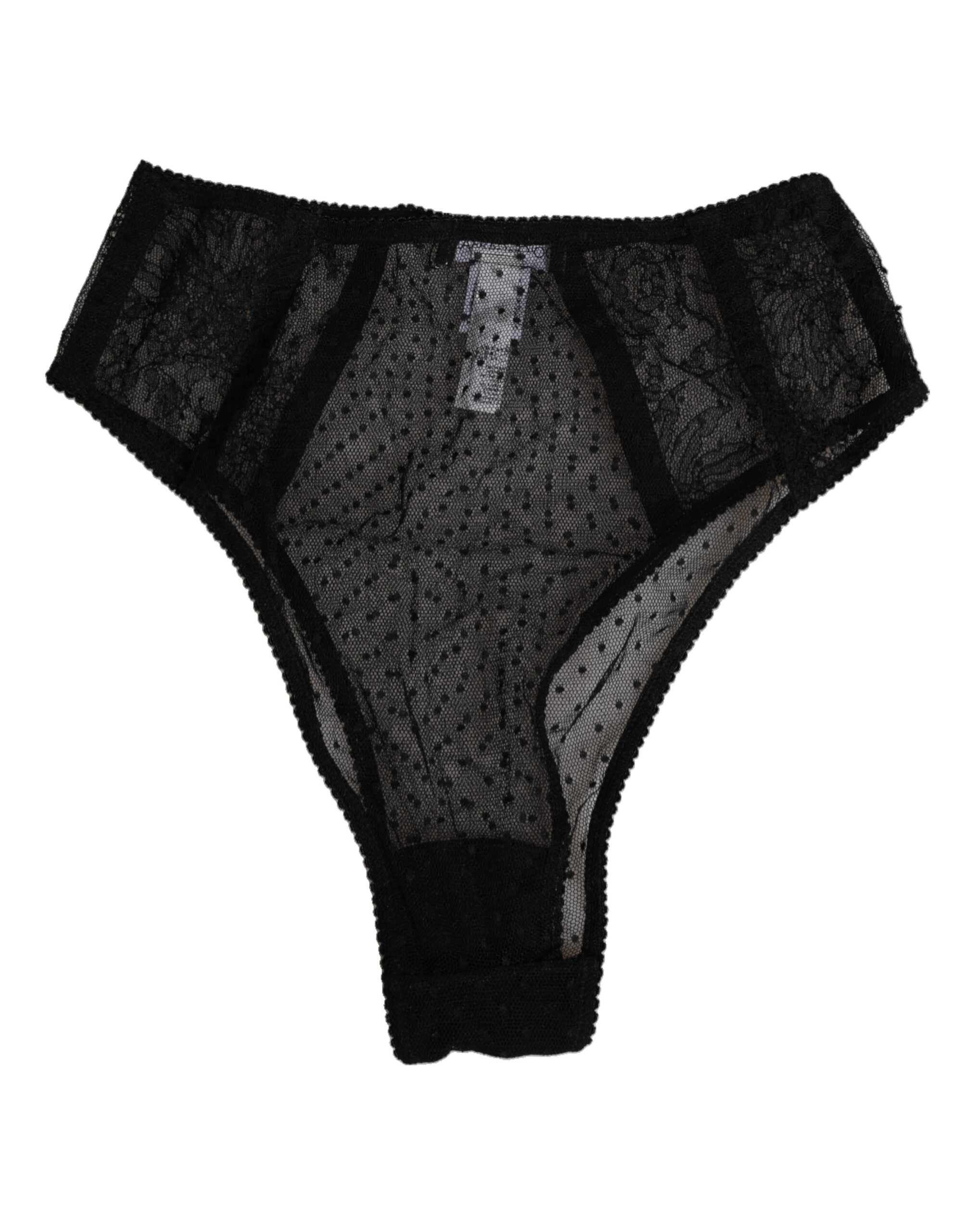 Sous-vêtements noirs Dolce & Gabbana en dentelle, tulle à pois, taille haute, élégants et féminins.