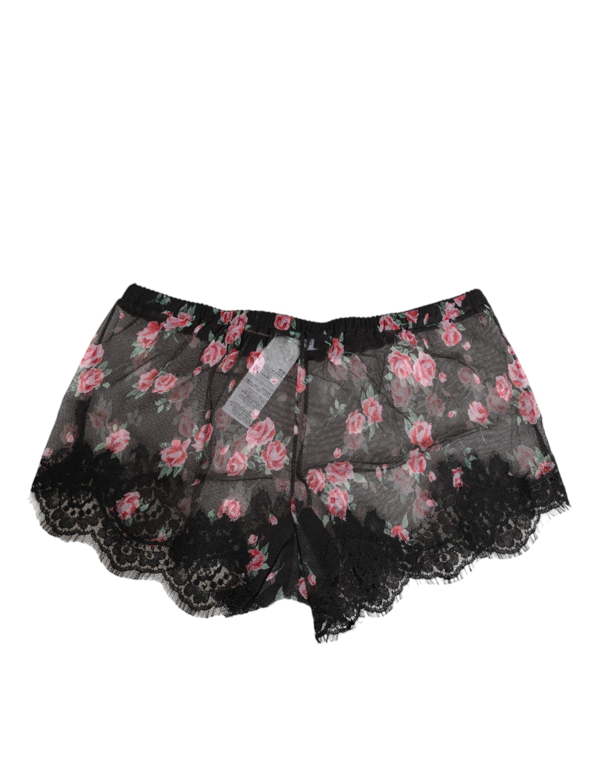Sous-vêtements en dentelle noire et rose Dolce & Gabbana, maille transparente avec motif floral élégant.