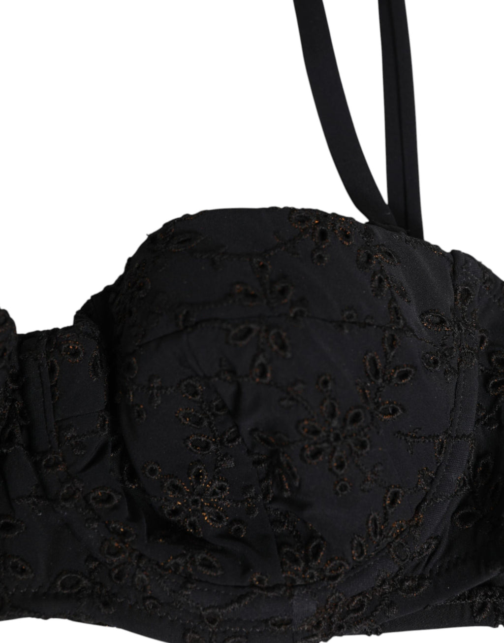 Soutien-gorge noir en polyester Dolce & Gabbana avec broderies et armatures, visible sur l'image.