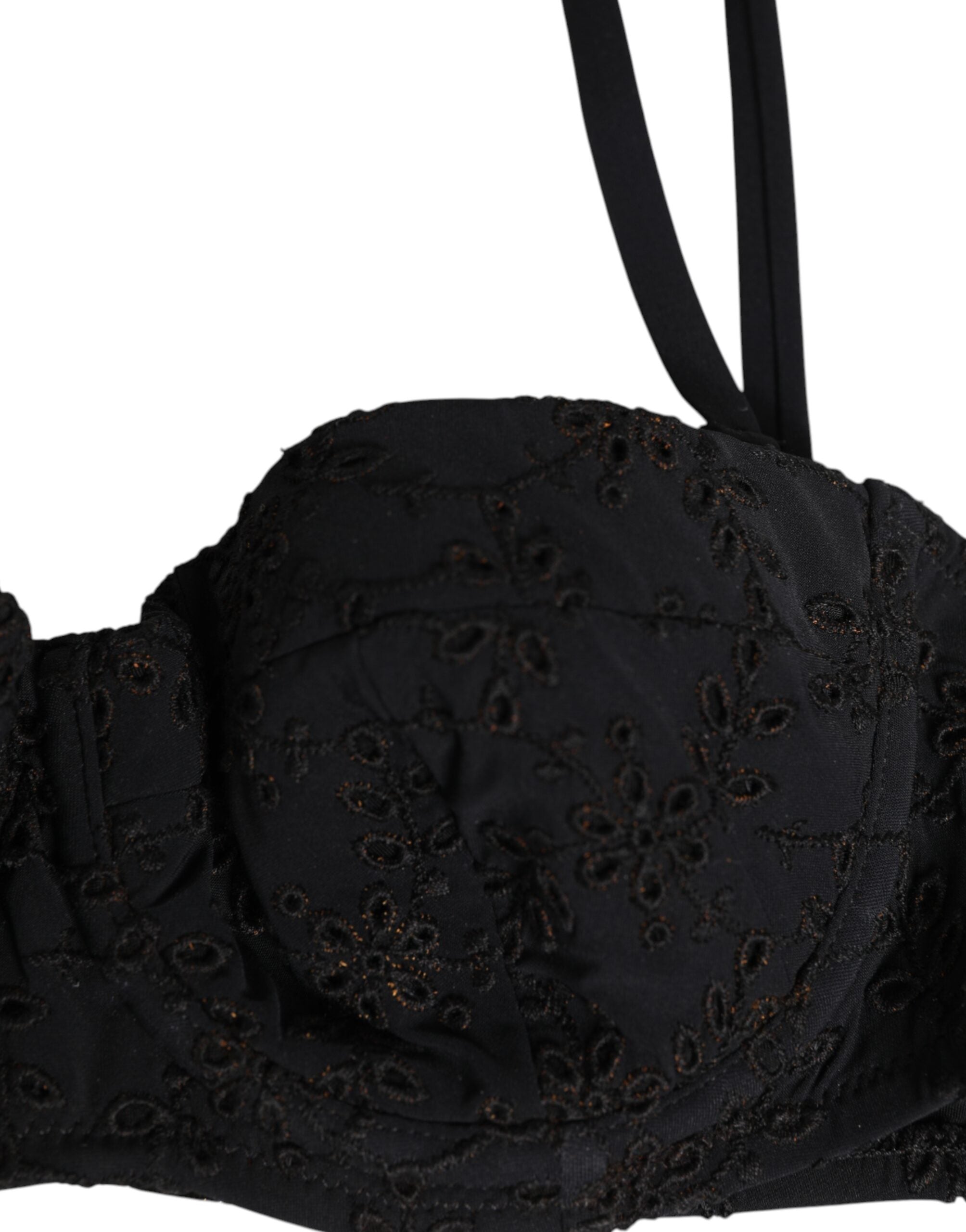Soutien-gorge noir en polyester Dolce & Gabbana avec broderies et armatures, visible sur l'image.
