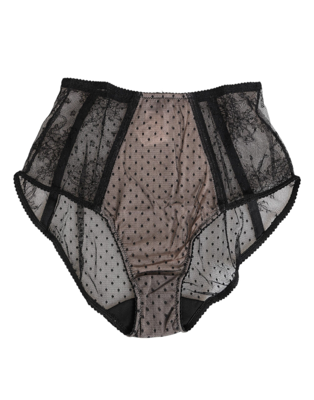 Sous-vêtements Dolce & Gabbana en dentelle noire transparente à pois, taille haute et élégante.