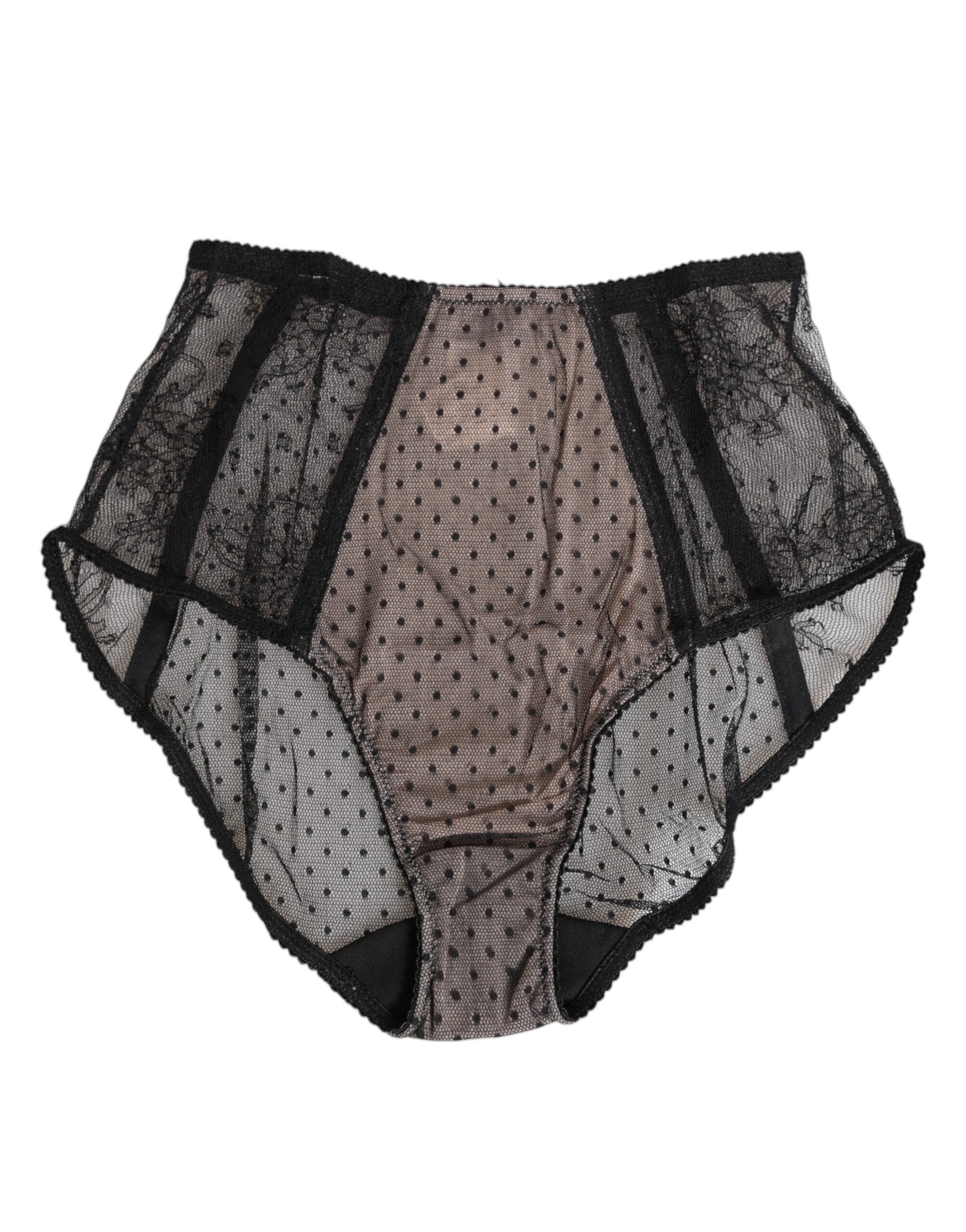 Sous-vêtements Dolce & Gabbana en dentelle noire transparente à pois, taille haute et élégante.