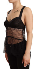 Lingerie Dolce & Gabbana en soie noire avec dentelle, top babydoll en nylon, élégant et féminin, vue de face.