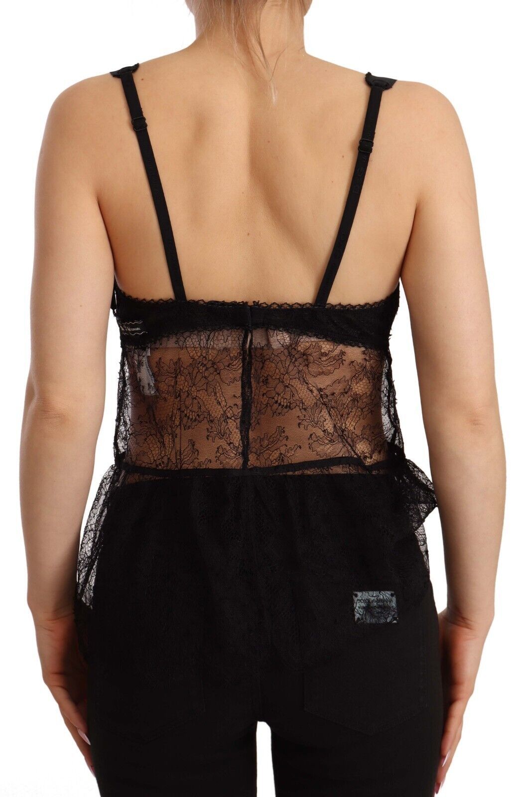 Nuisette en soie noire Dolce & Gabbana avec dentelle en nylon, ajustée et élégante, vue de face.