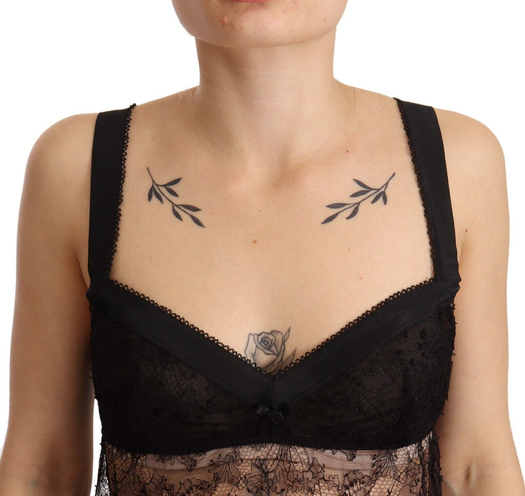 Babydoll en soie noire Dolce & Gabbana avec dentelle, lingerie en nylon, top sexy et élégant.