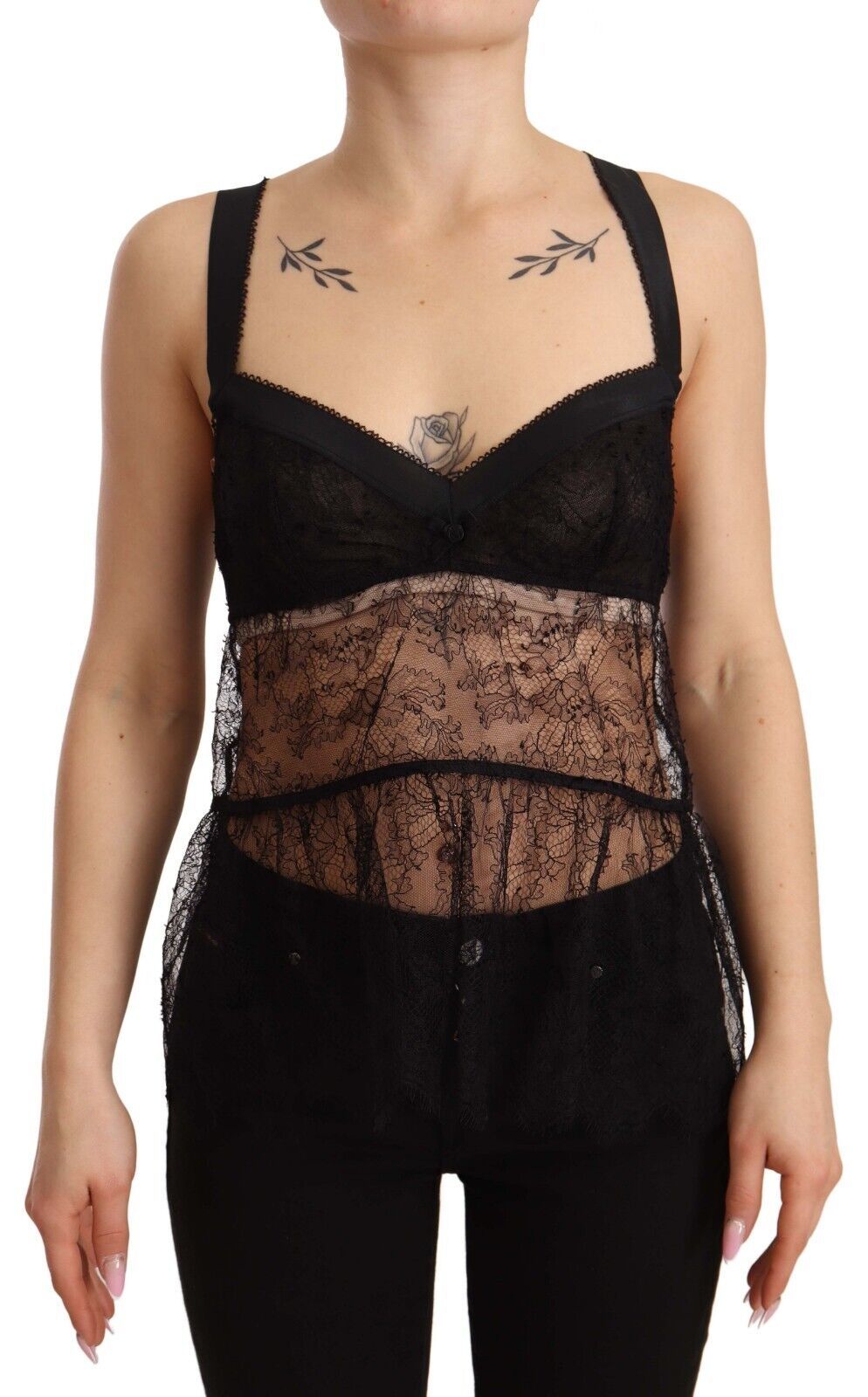 Nuisette en soie noire Dolce & Gabbana avec dentelle en nylon, style babydoll élégant et féminin.