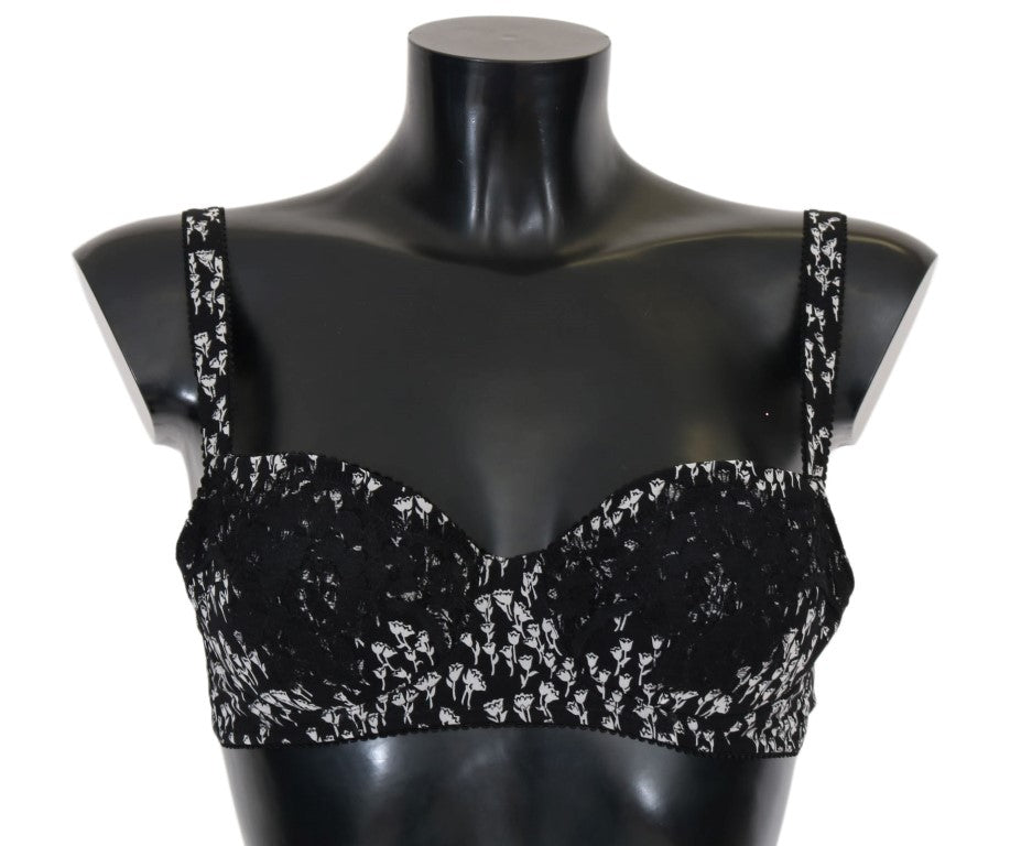 Soutien-gorge en soie noire et dentelle blanche de Dolce & Gabbana, sous-vêtements élégants et extensibles pour femmes.
