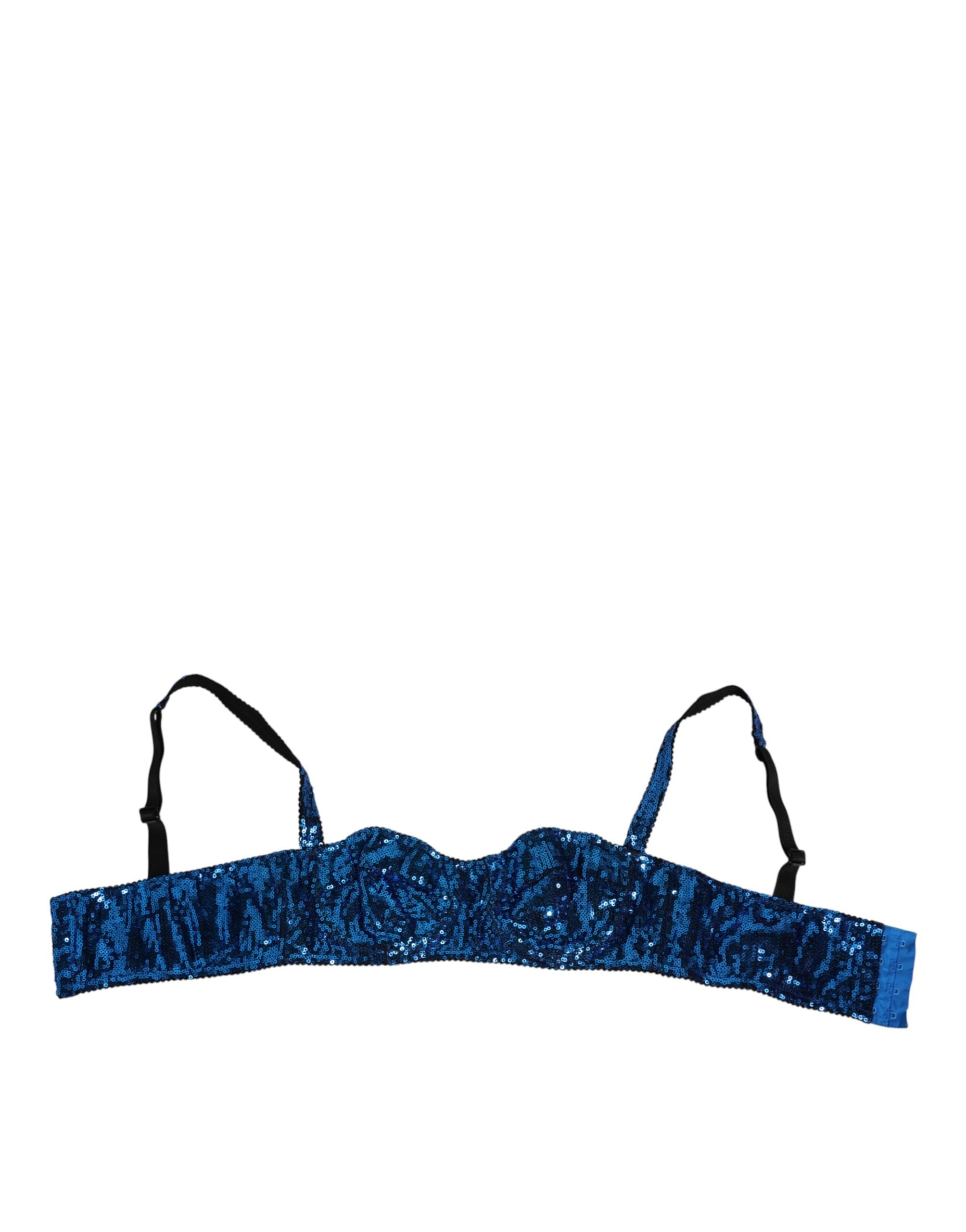Soutien-gorge balconnet Dolce & Gabbana bleu orné de sequins brillants et embellissements élégants, vue de face.
