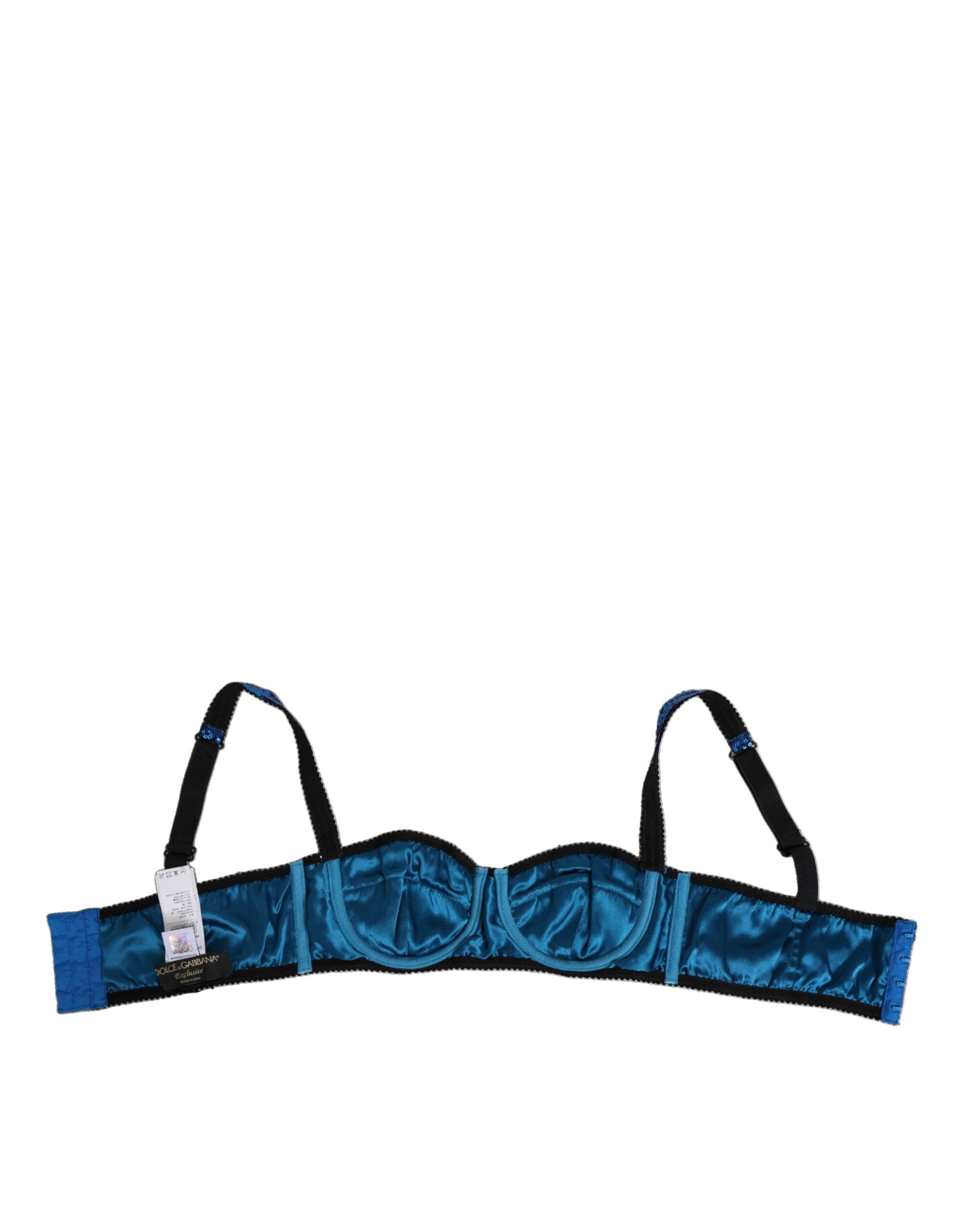 Soutien-gorge balconnet Dolce & Gabbana bleu avec sequins brillants et embellissements élégants, sous-vêtements féminins raffinés.