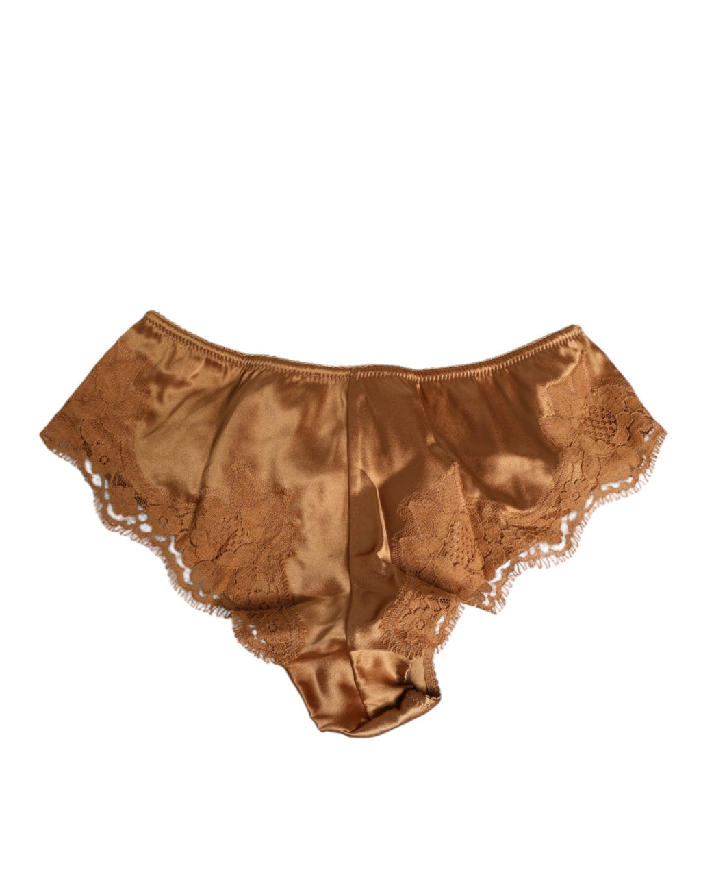 Culotte en satin de soie marron avec dentelle, sous-vêtements Dolce & Gabbana, détails élégants et finition raffinée.