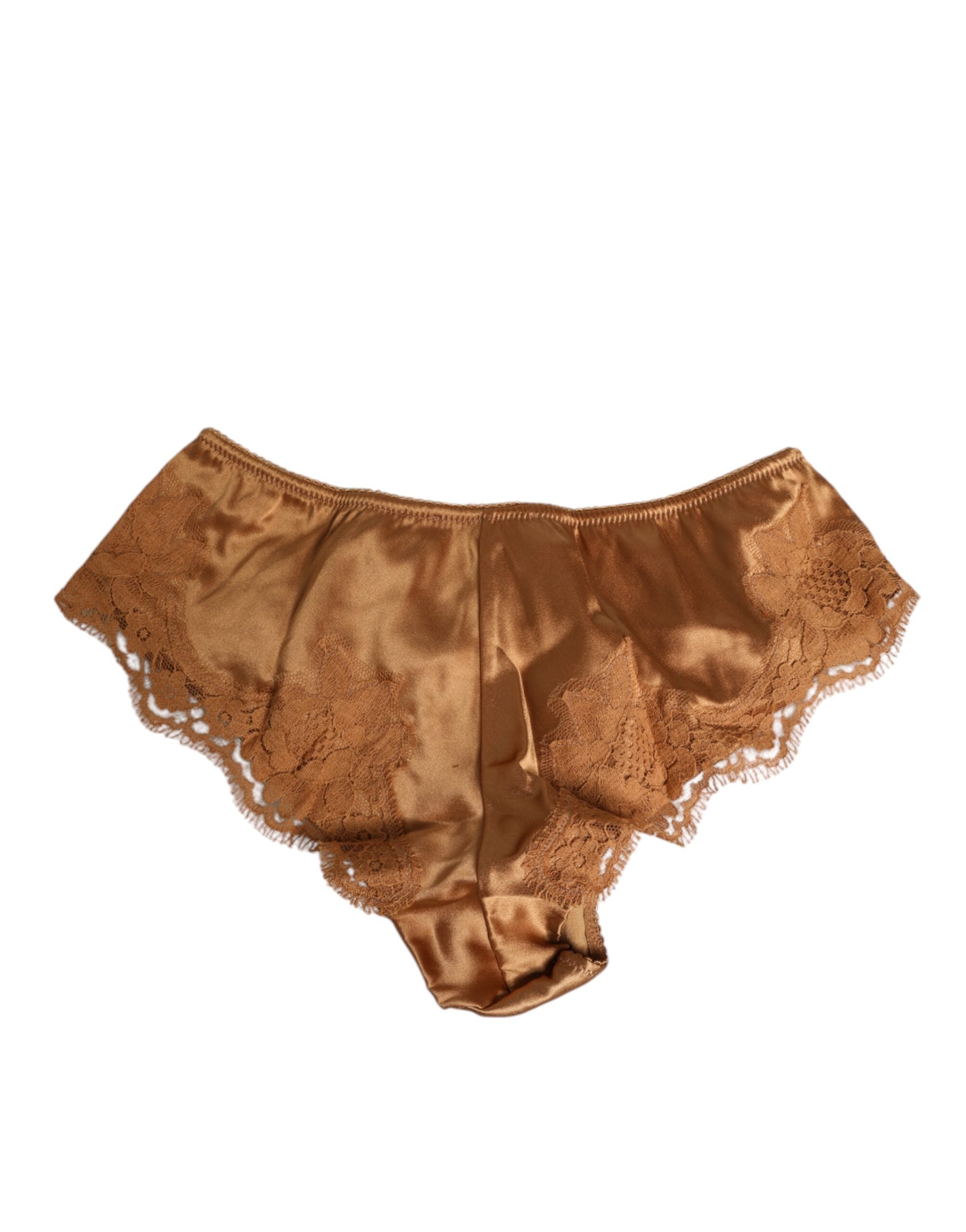 Culotte en satin de soie marron avec dentelle, sous-vêtements Dolce & Gabbana, détails élégants et finition raffinée.