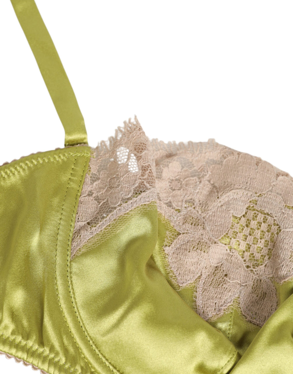 Sous-vêtements Dolce & Gabbana, soutien-gorge balconnet en satin de soie vert lime avec dentelle et rembourrage.