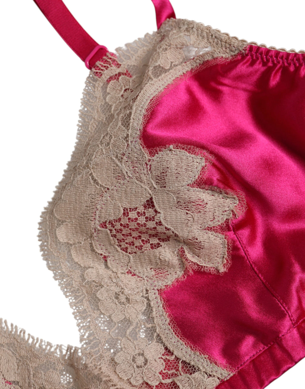 Soutien-gorge en soie à dentelle florale magenta de Dolce & Gabbana, sans armatures, élégant et féminin.