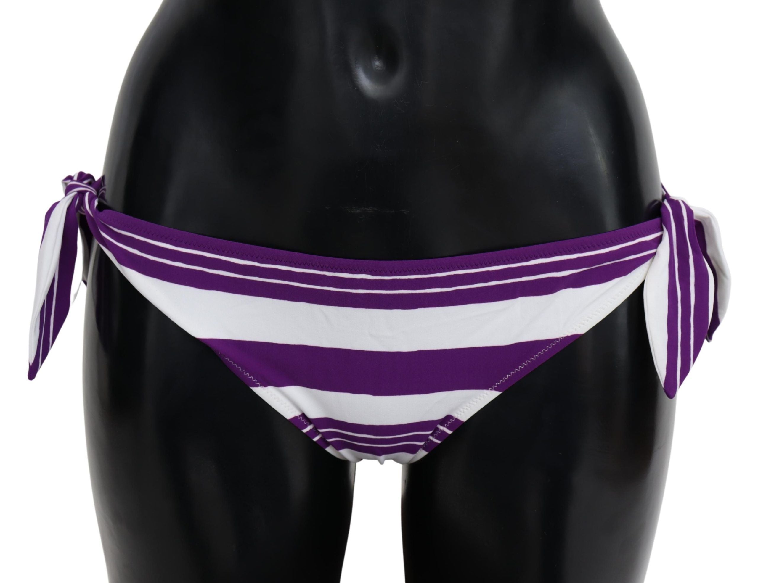 Culotte de bikini Dolce & Gabbana à rayures blanches et violettes, vêtement de plage pour femmes.