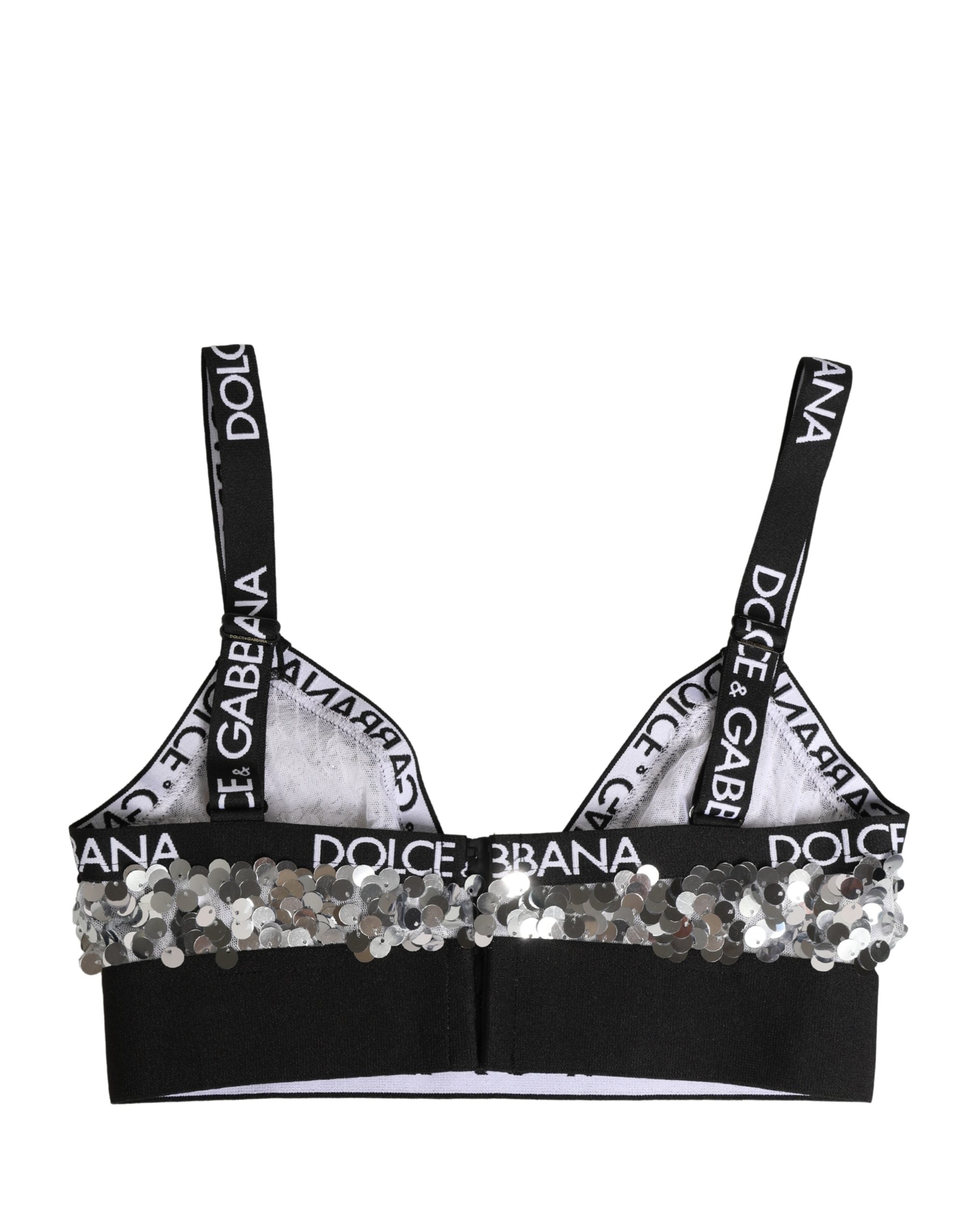 Soutien-gorge triangle en dentelle argentée Dolce & Gabbana avec sequins, Soft Cup, lingerie élégante et raffinée.