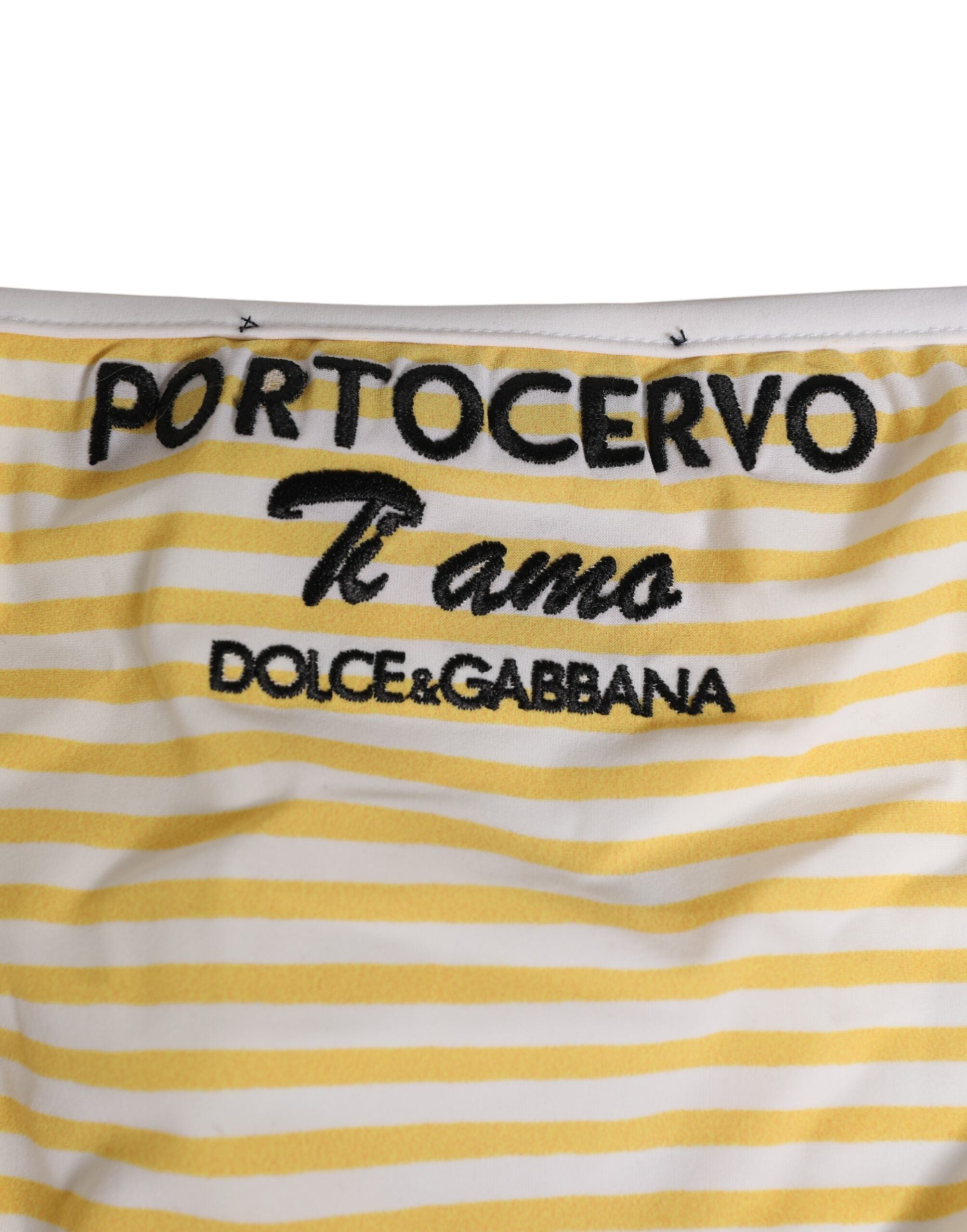Sous-vêtements Dolce & Gabbana en blanc et jaune avec logo, motif rayé et détails à nouer sur les côtés.