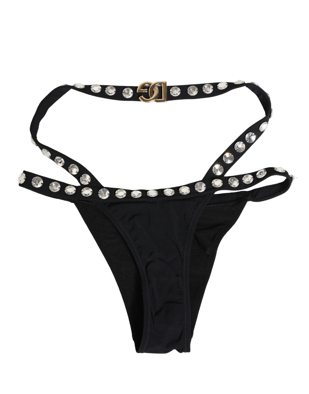 Bas de maillot de bain noir Dolce & Gabbana avec embellishments en cristaux, ajusté et élégant pour la plage.