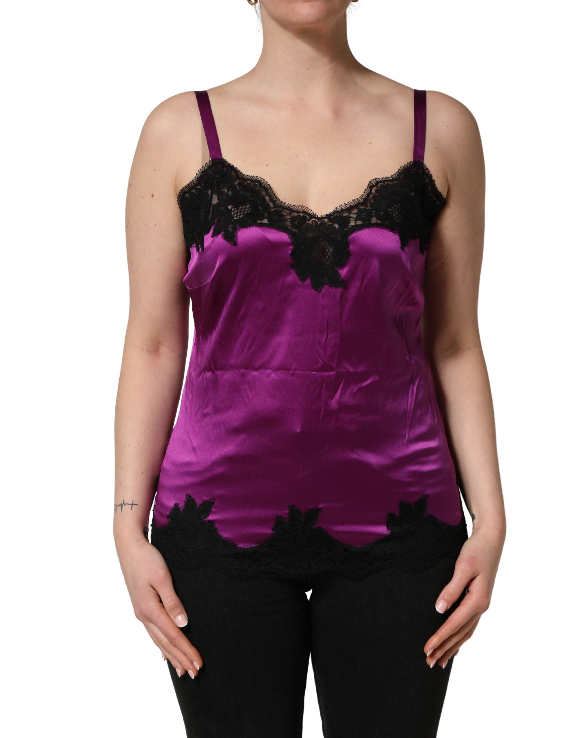 Débardeur sans manches Dolce & Gabbana en soie violette avec finition en dentelle, vue de face.