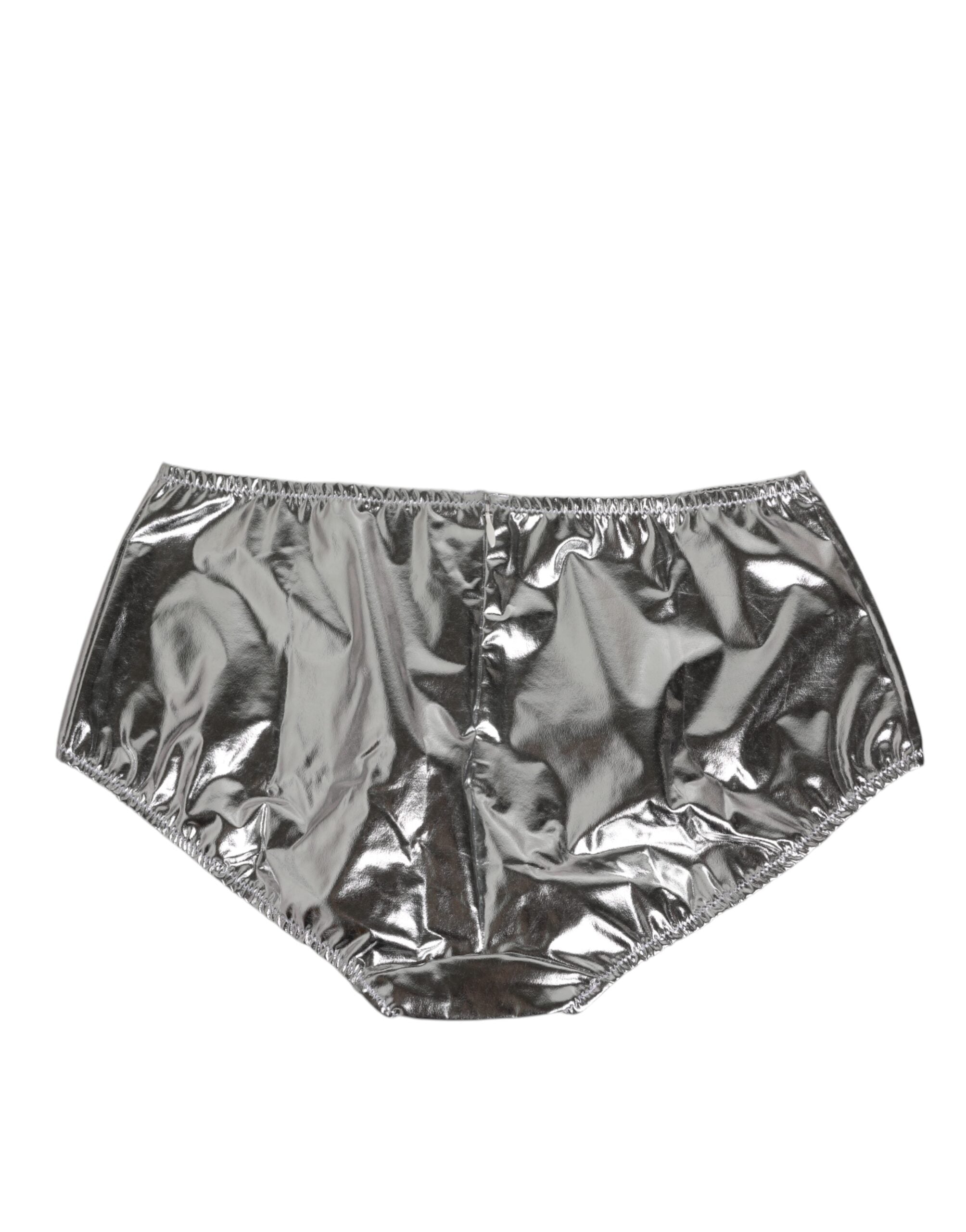 Culotte de bikini haut de gamme en métal argenté de Dolce & Gabbana, taille haute pour femmes, sous-vêtements élégants.