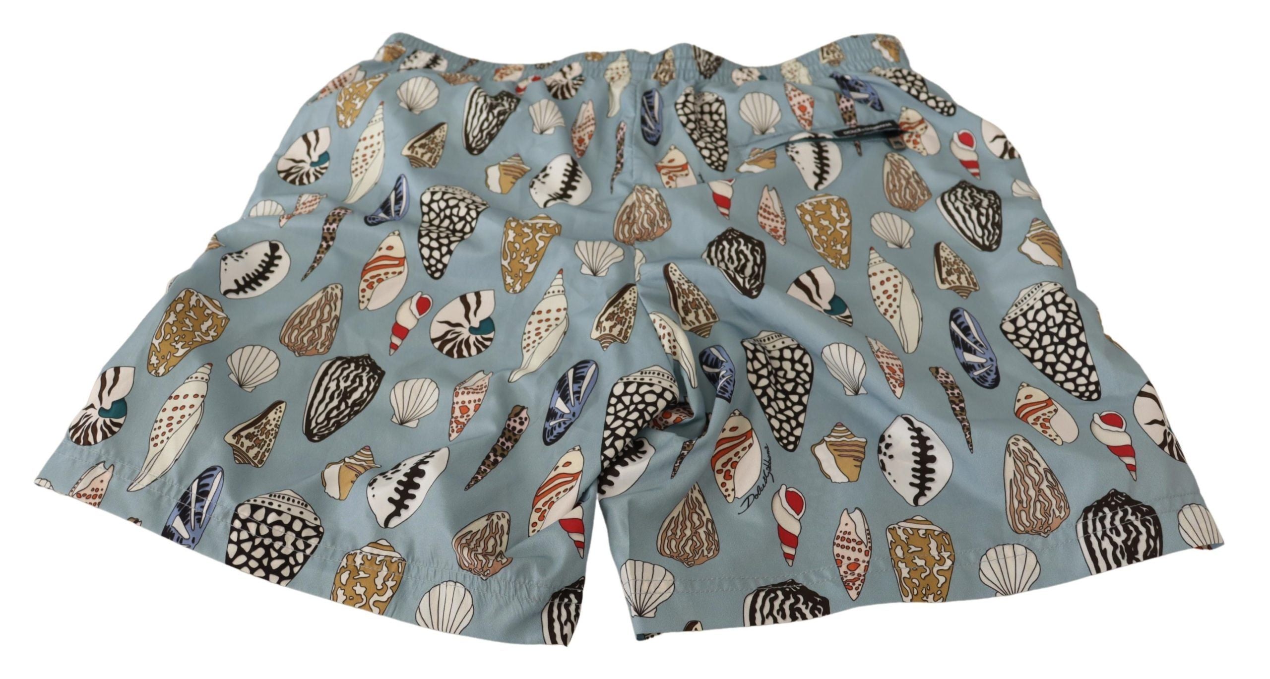Shorts de bain Dolce & Gabbana Blue Seashell, maillot de plage en tissu léger avec motif coquillage bleu.
