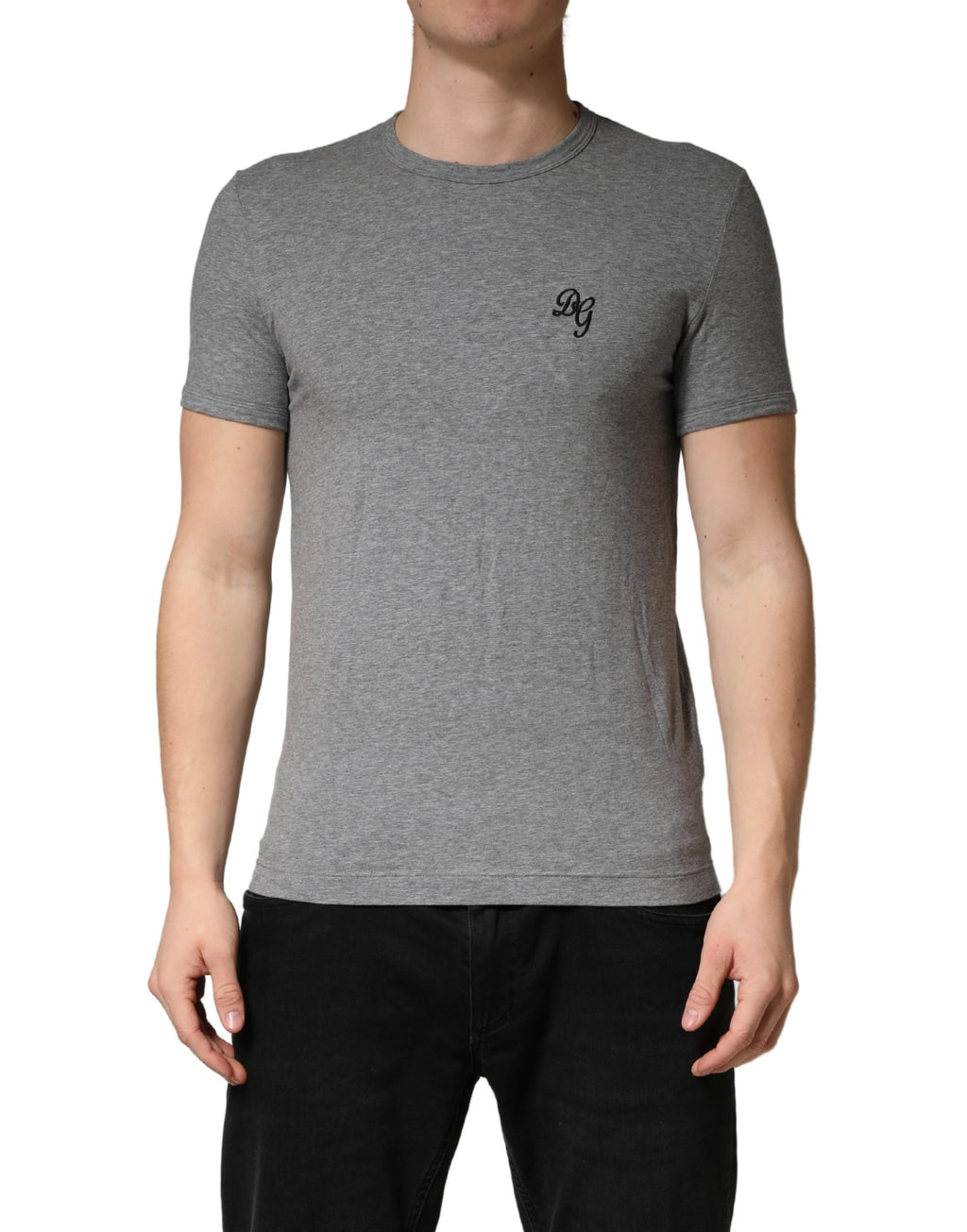 T-shirt gris pour homme Dolce & Gabbana avec logo DG, col rond, sous-vêtements ou vêtement décontracté.