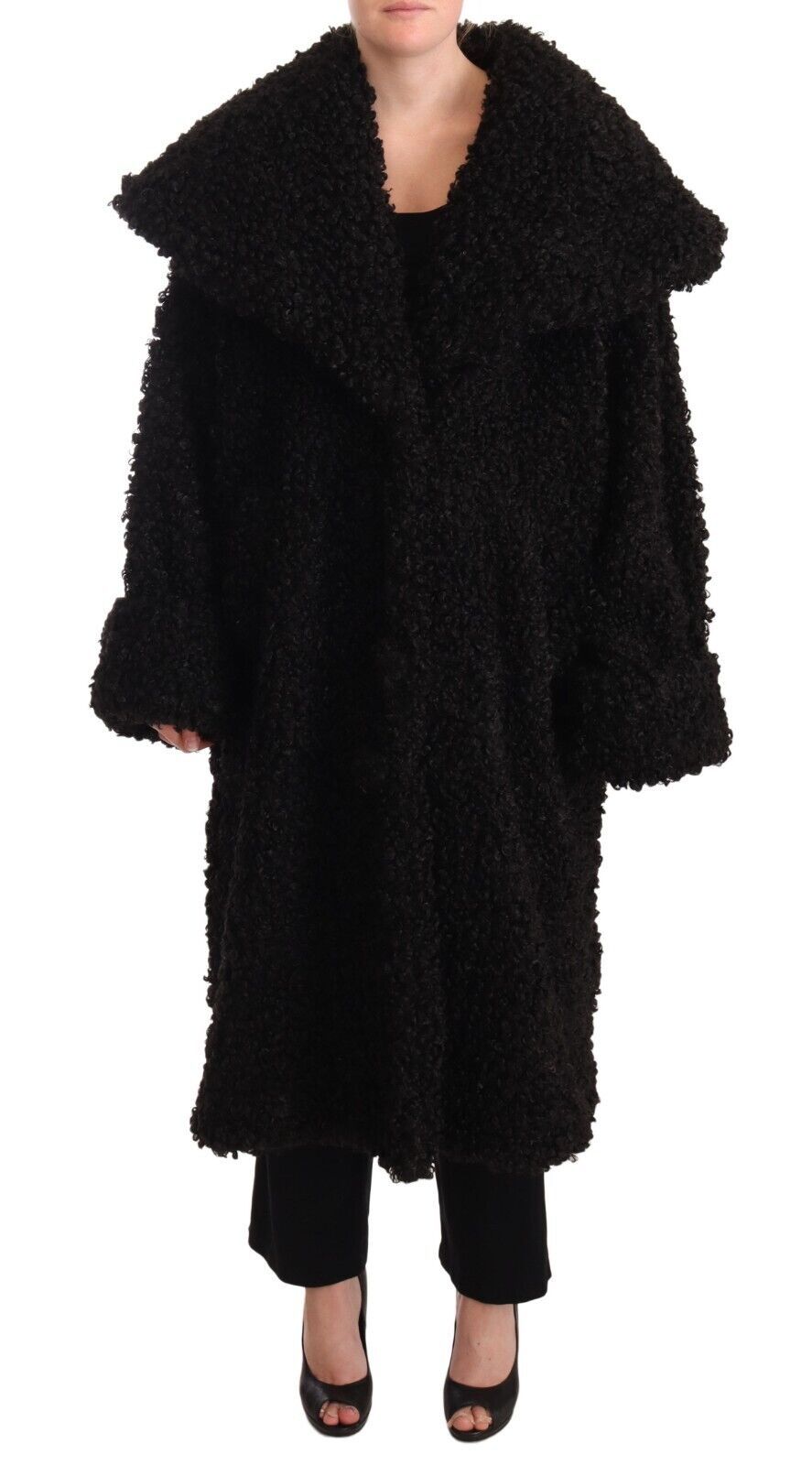 Manteau trench noir en polyester avec fourrure de Dolce & Gabbana, veste élégante et chaude, visible avec détails de texture.