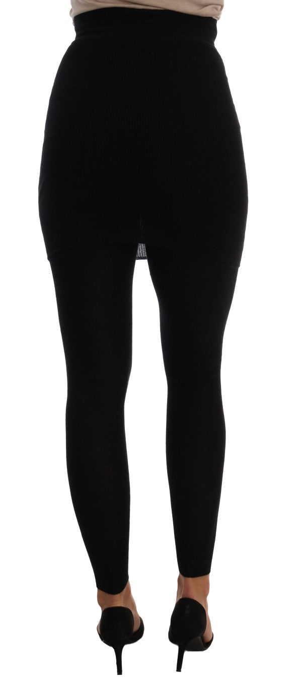Collants en cachemire et soie noirs Dolce & Gabbana, tissu extensible, pour femmes, montrant la texture douce et élégante.