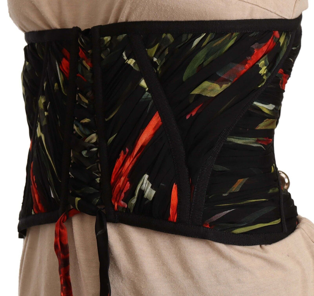 Ceinture corset noire Dolce & Gabbana en stretch, avec bande de taille élégante et matière en soie visible sur le haut.