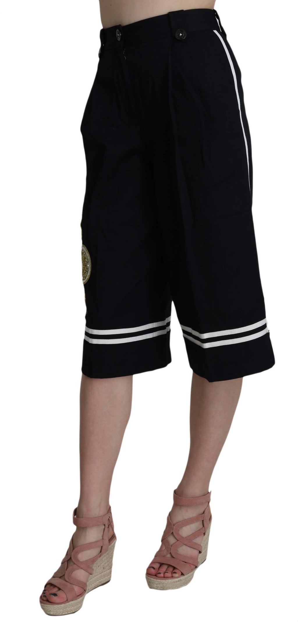 Pantalons noirs en coton Dolce & Gabbana, taille courte, ornés de détails embellis, pour un style élégant et sophistiqué.