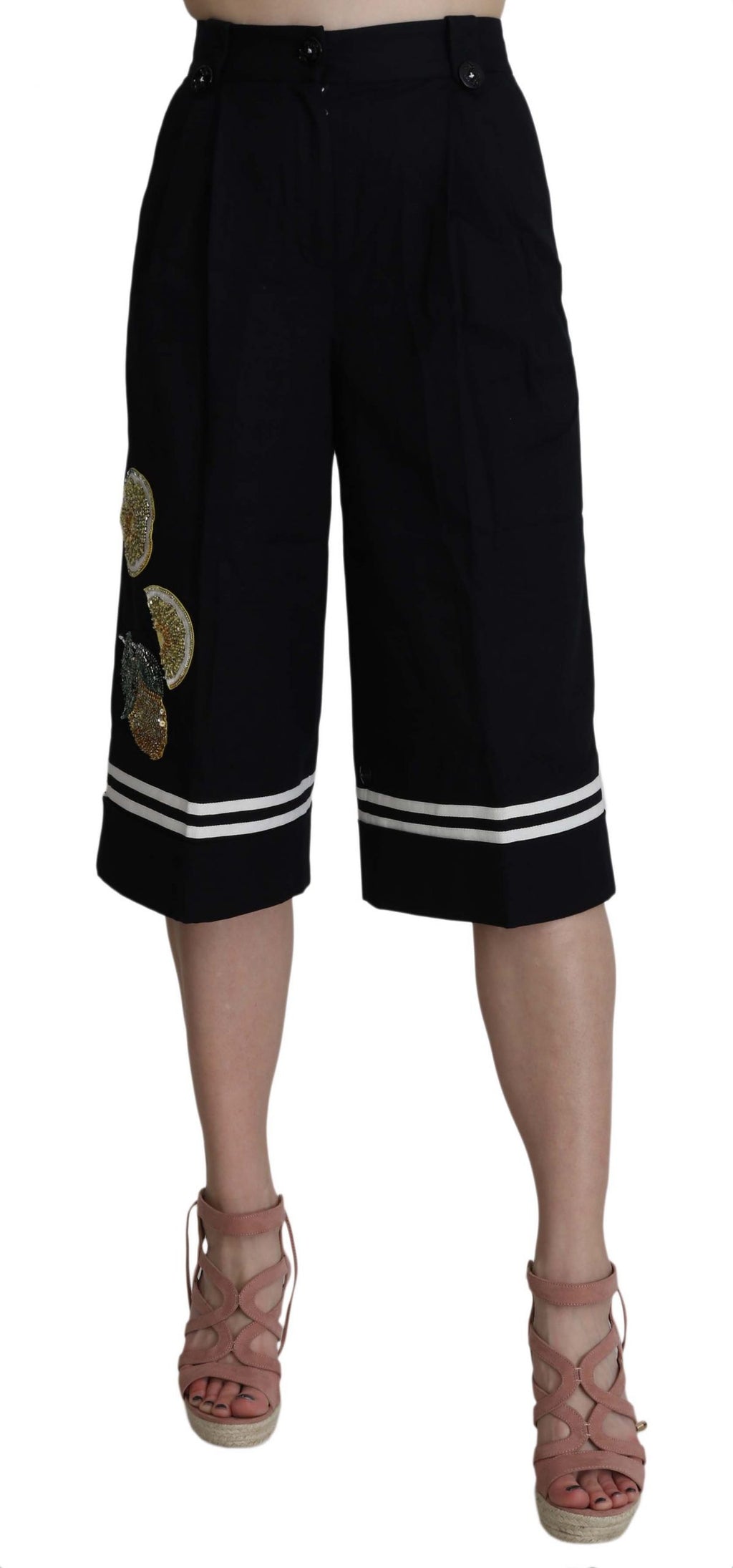 Pantalons cropped en coton noir Dolce & Gabbana avec embellissements, mode élégante et sophistiquée.