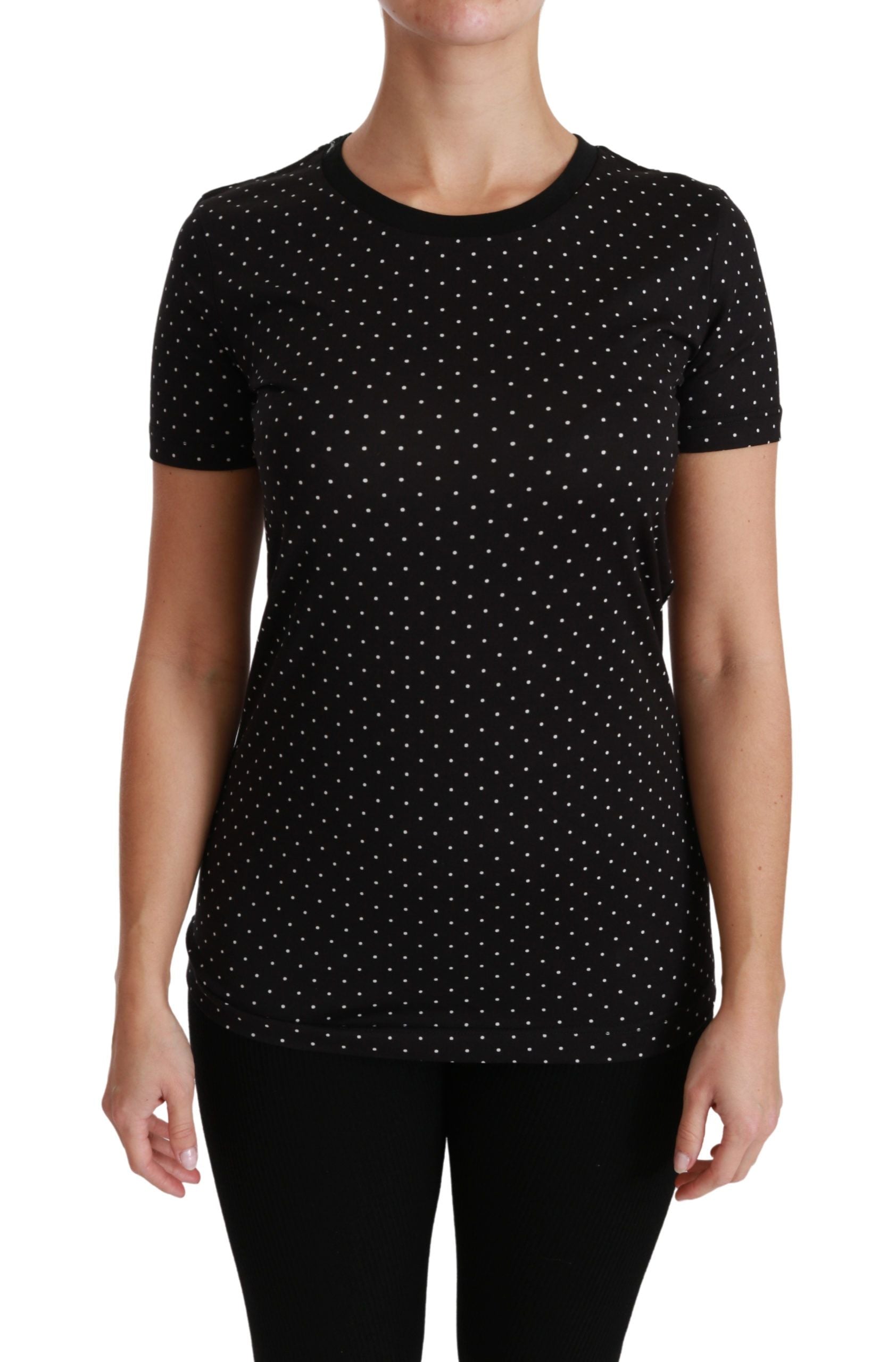 T-shirt noire Dolce & Gabbana à pois, col rond, en coton, vue de face avec détails du design à pois.