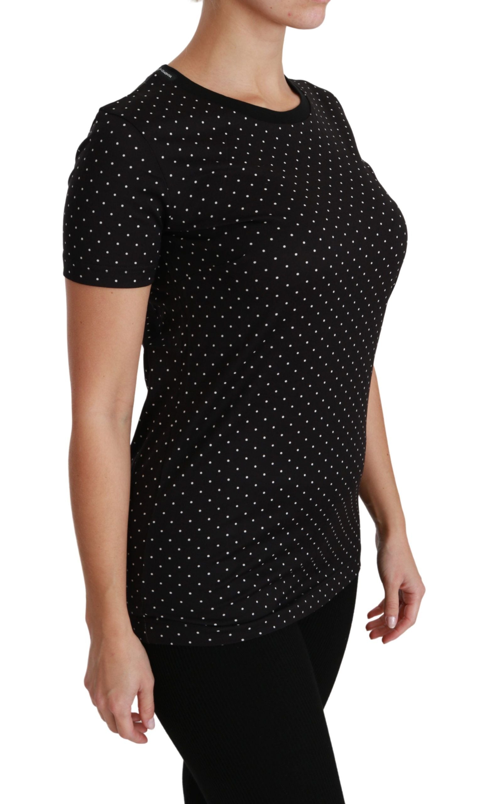 T-shirt noir Dolce & Gabbana à pois, col rond en coton, style décontracté et confortable.
