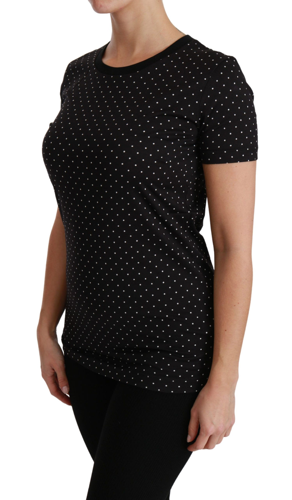 T-shirt noir Dolce & Gabbana à pois, col rond en coton, vue de face.