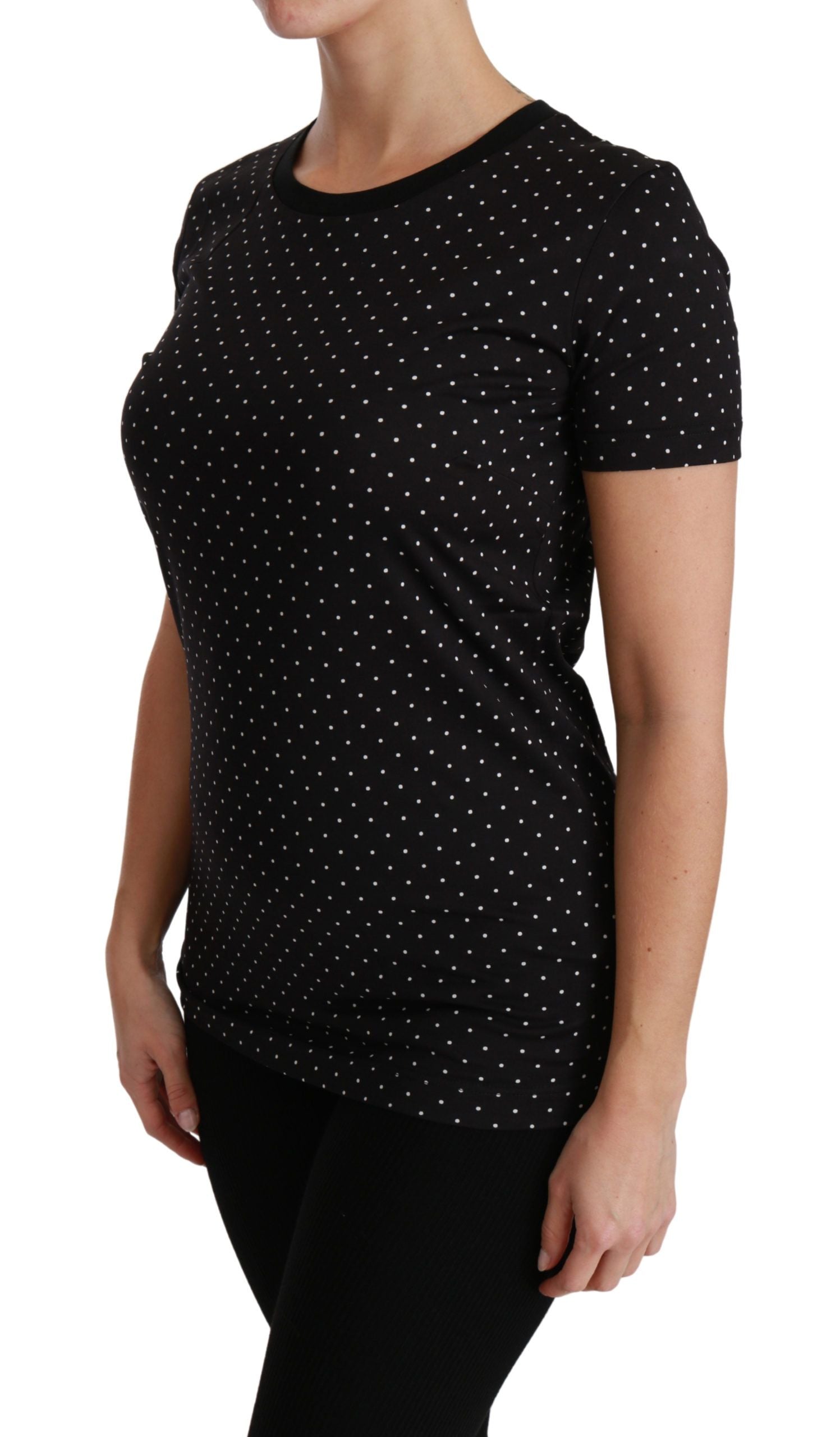 T-shirt noir Dolce & Gabbana à pois, col rond en coton, vue de face.