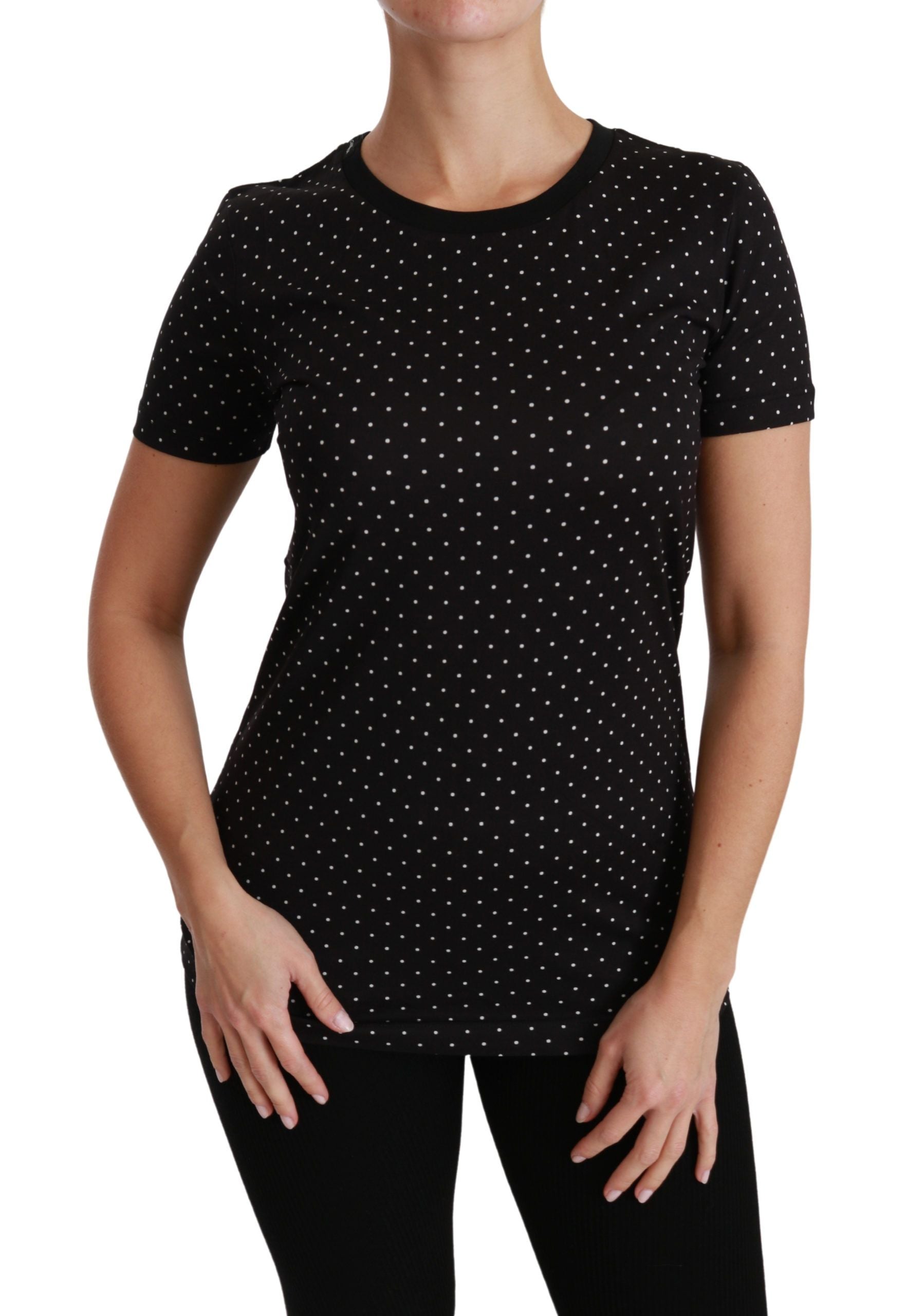T-shirt noir à pois Dolce & Gabbana en coton avec col rond, style décontracté et moderne.