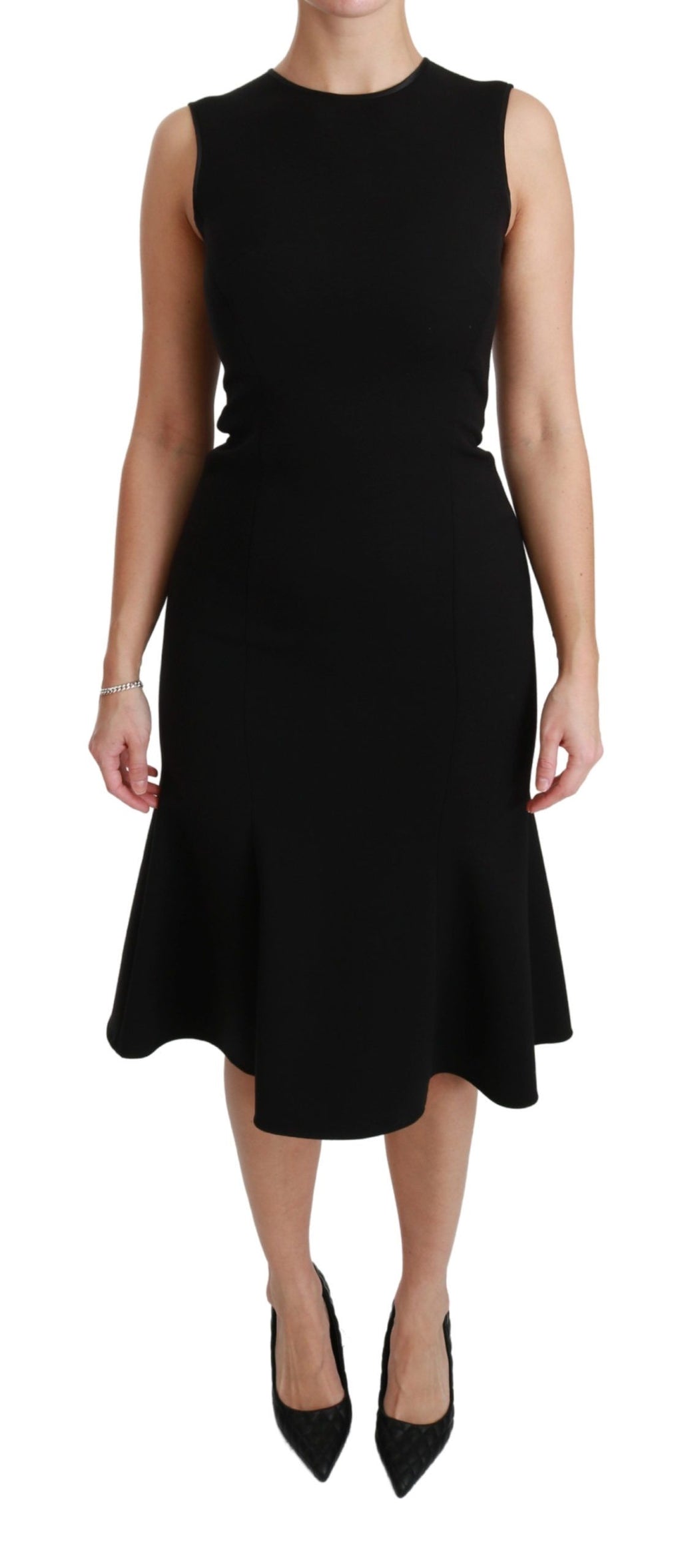 Robe noire Dolce & Gabbana en laine extensible, coupe ajustée et évasée, pour un style élégant et sophistiqué.