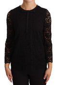 Blouse noire en dentelle florale en nylon de Dolce & Gabbana, détail élégant et tissu délicat visible sur l'image.