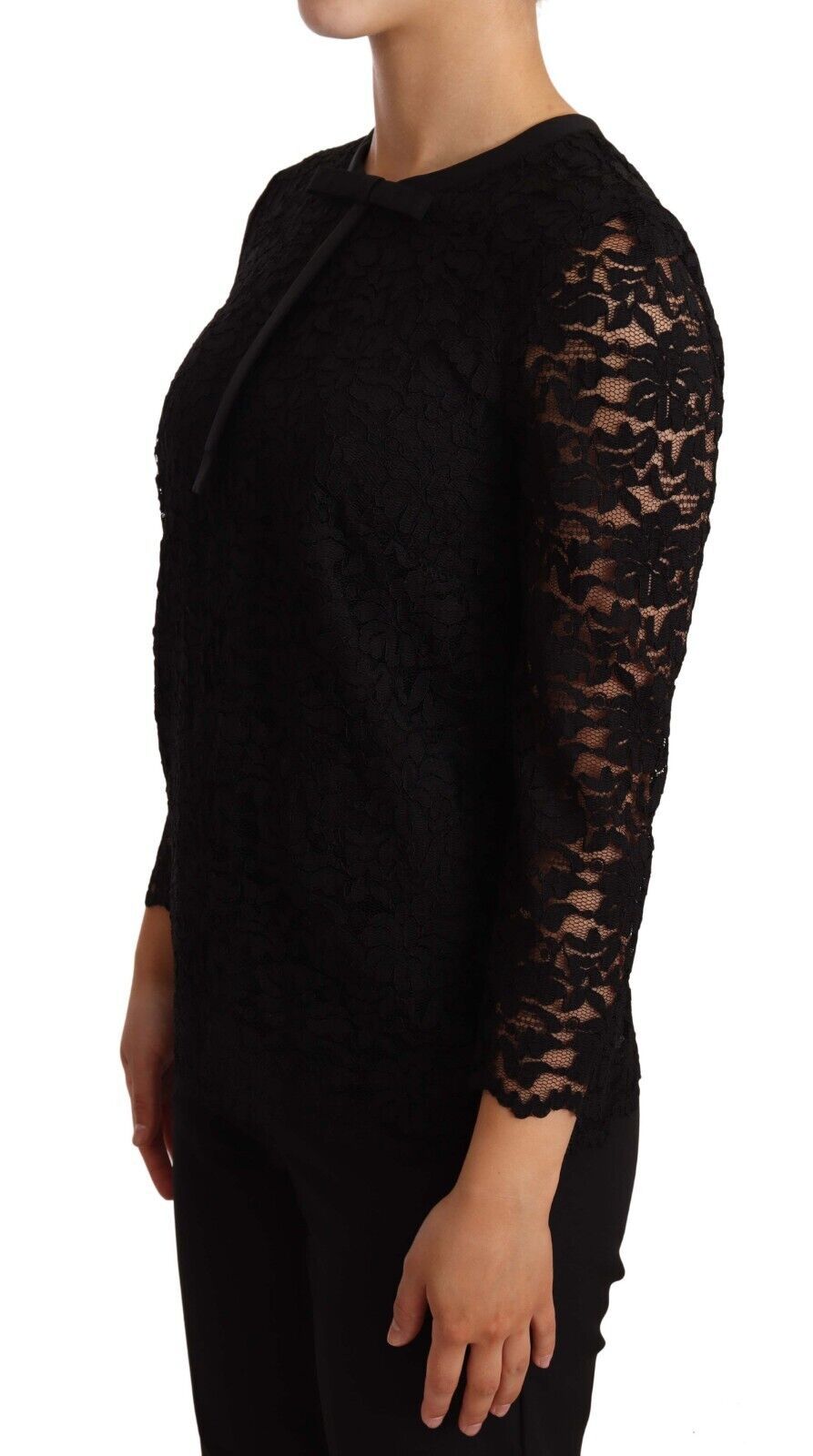 Blouse noire en dentelle florale en nylon de Dolce & Gabbana, élégante haut à manches longues et détails raffinés.