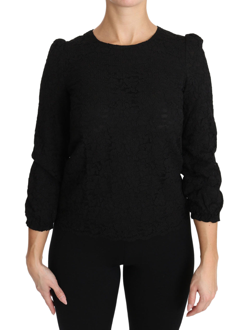 Blouse noire Dolce & Gabbana en dentelle florale avec fermeture éclair, élégante et féminine, vue de face.
