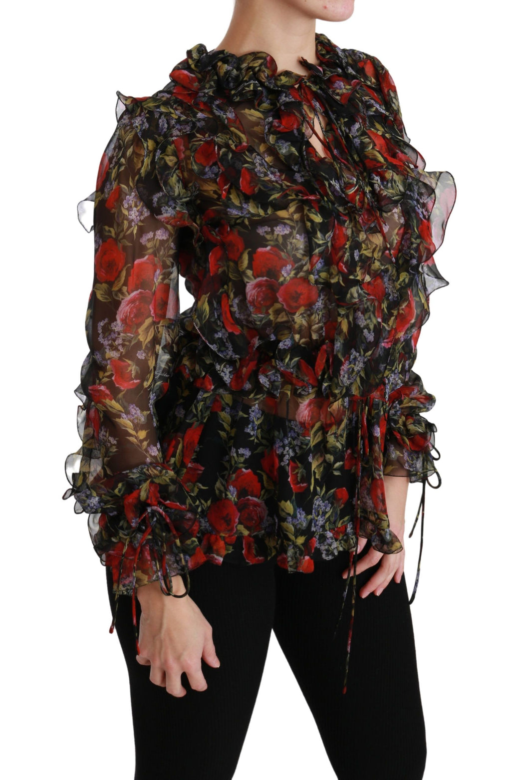 Blouse en soie noire Dolce & Gabbana avec motif floral roses, élégant haut féminin en tissu fluide.