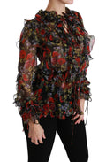 Blouse en soie noire Dolce & Gabbana avec motif floral roses, élégant haut féminin en tissu fluide.