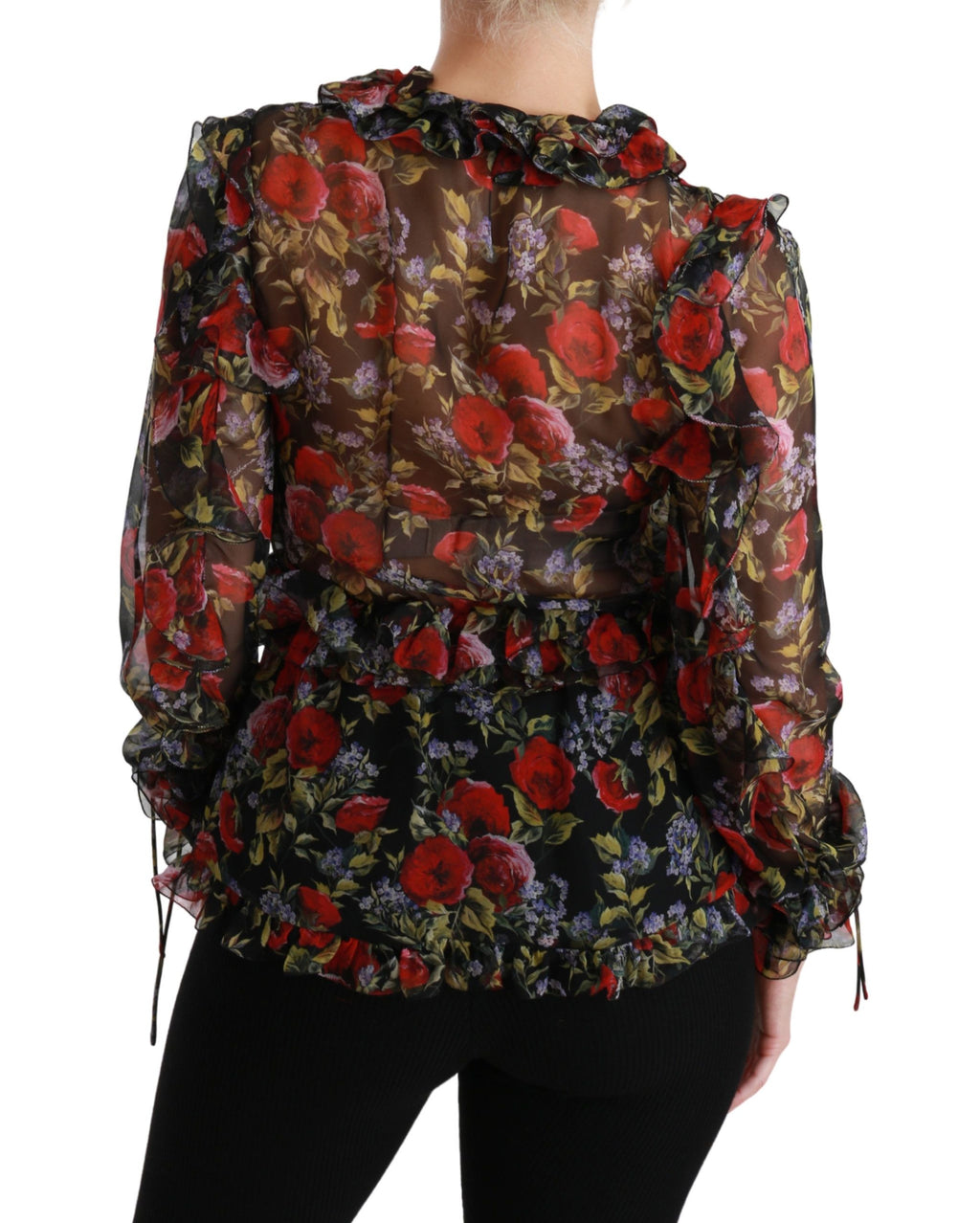 Blouse en soie noire Dolce & Gabbana avec motif floral de roses, top élégant et léger pour femme.
