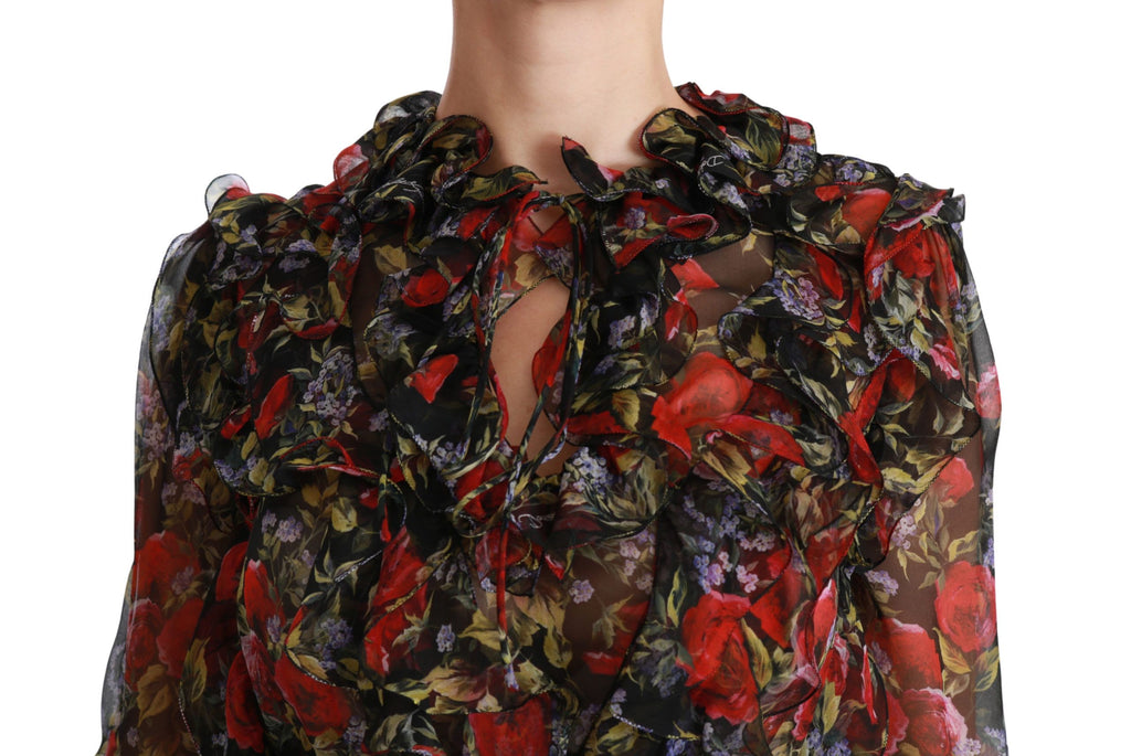 Blouse en soie noire avec motif floral roses Dolce & Gabbana, haut élégant à manches longues et col rond.